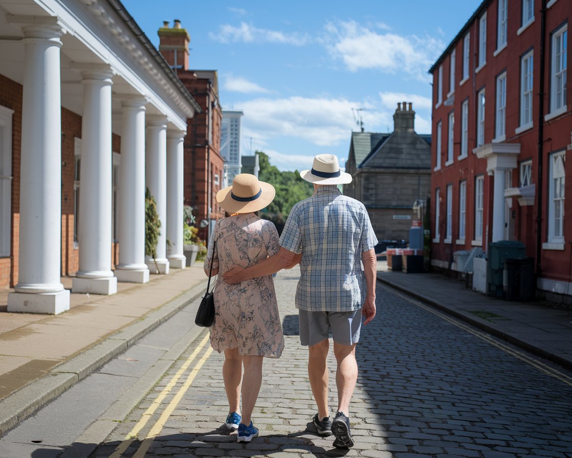 Older lady and man in sun hat, shorts, walking shoes in Bristol town on a sunny day at Belfast Harbour Port