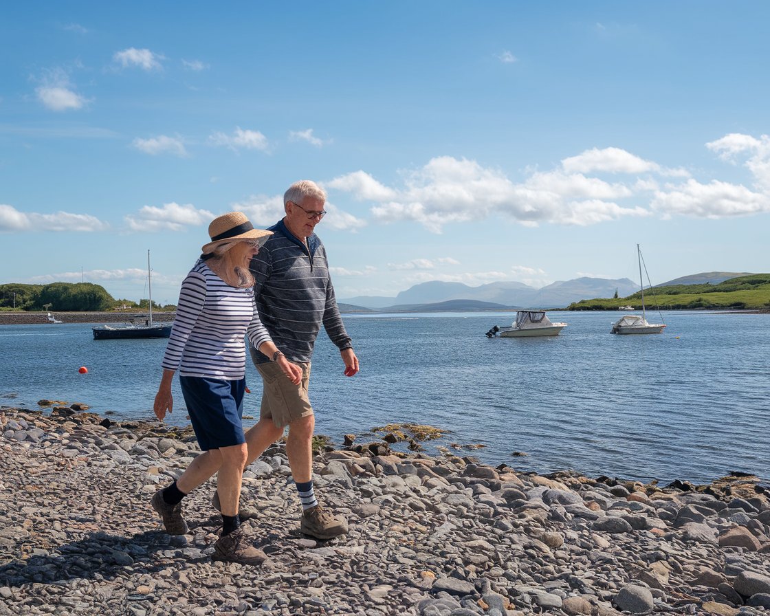 Older lady and man in sun hat, shorts, walking shoes in Cromarty Firth (Invergordon) town on a sunny day