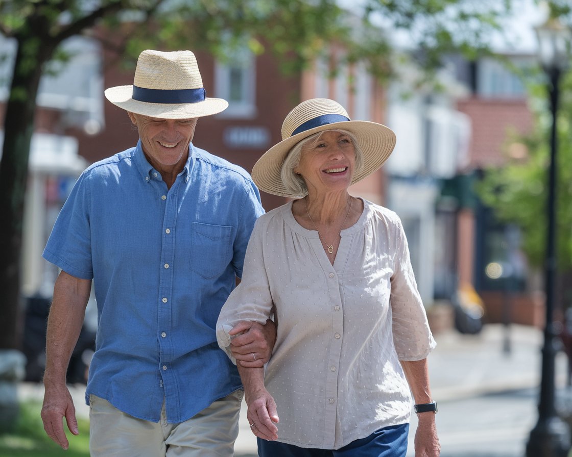 Older lady and man in sun hat, shorts, walking shoes in Dover town on a sunny day