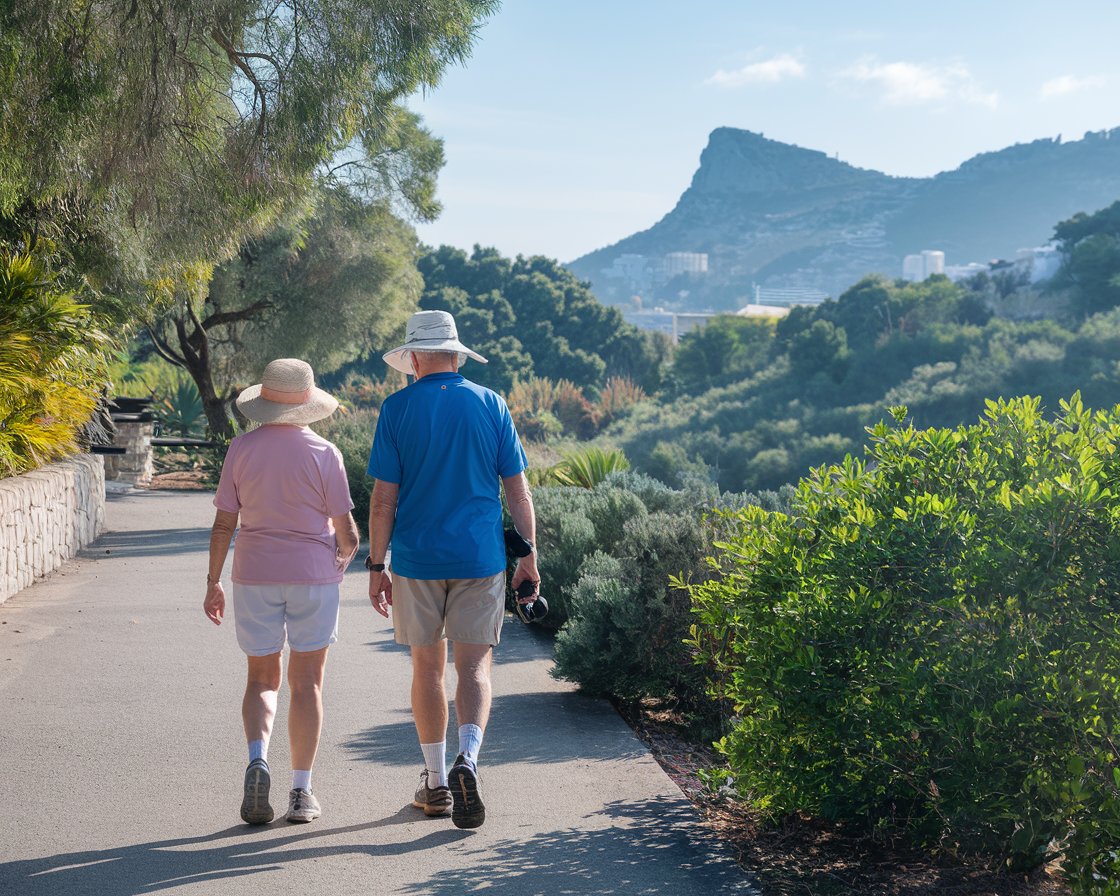 Older lady and man in sun hat, shorts, walking shoes in Gibraltar on a sunny day