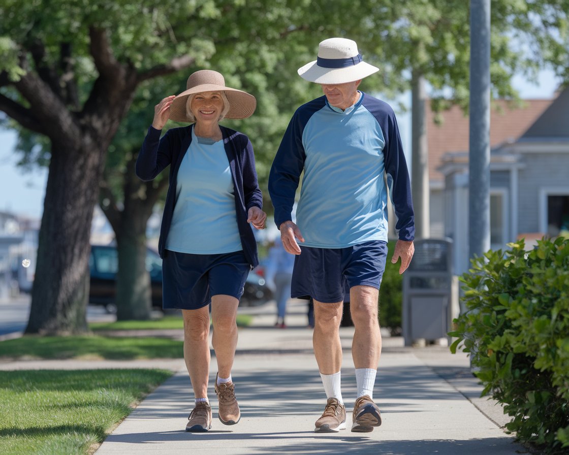 Older lady and man in sun hat, shorts, walking shoes in Greenock town on a sunny day