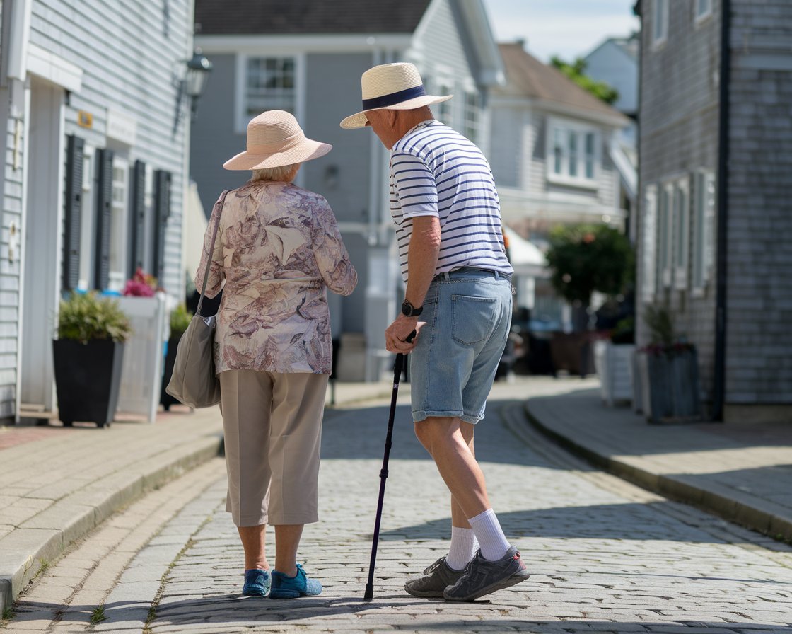 Older lady and man in sun hat, shorts, walking shoes in Harwich town on a sunny day