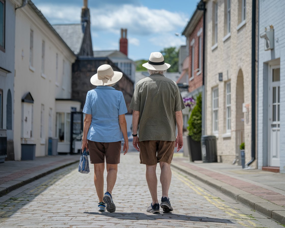 Older lady and man in sun hat, shorts, walking shoes in Hull town on a sunny day