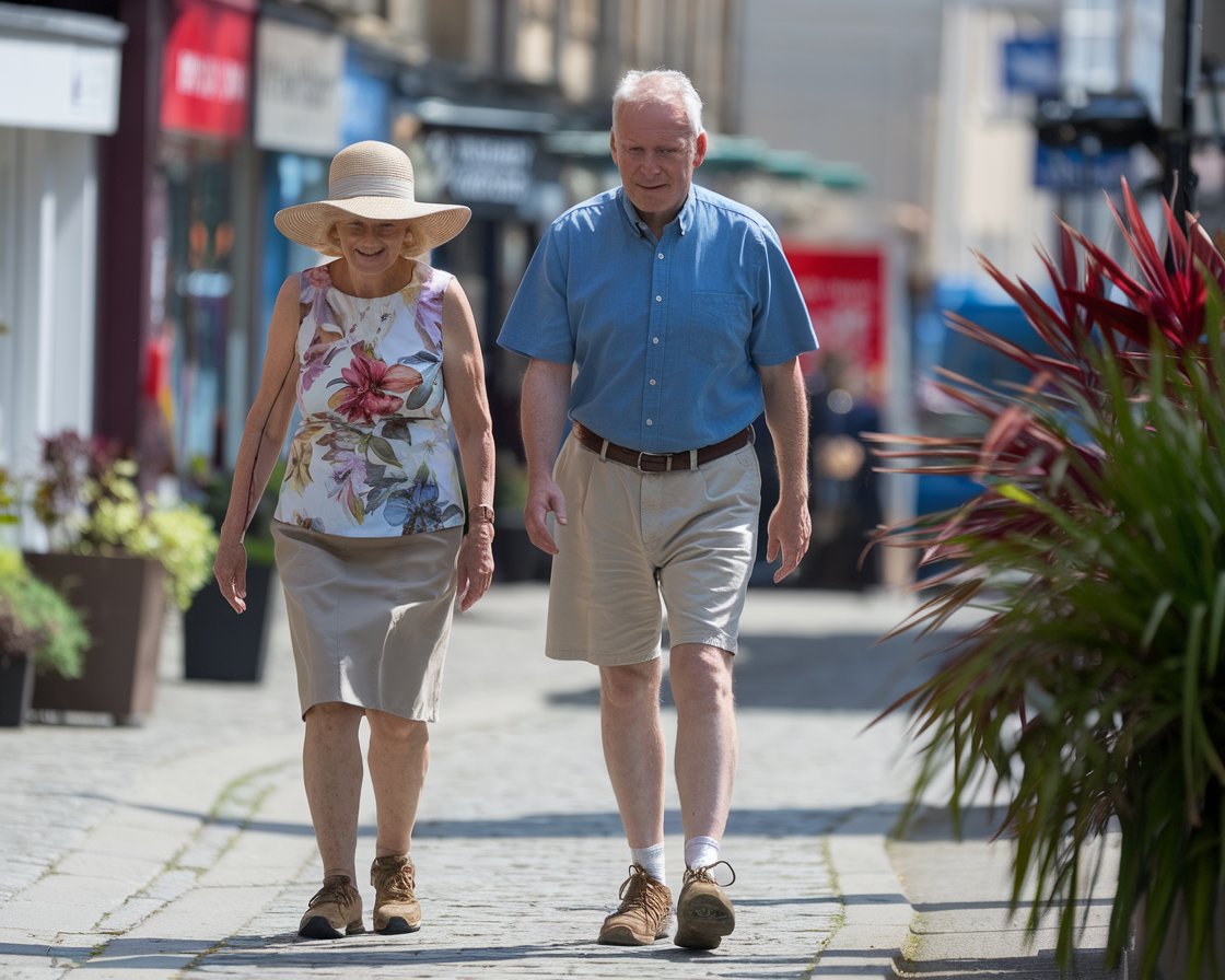 Older lady and man in sun hat, shorts, walking shoes in Leith town on a sunny day