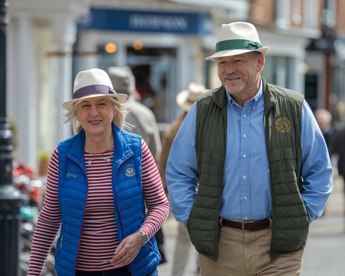 Older lady and man in sun hat, shorts, walking shoes in Southampton town on a sunny day