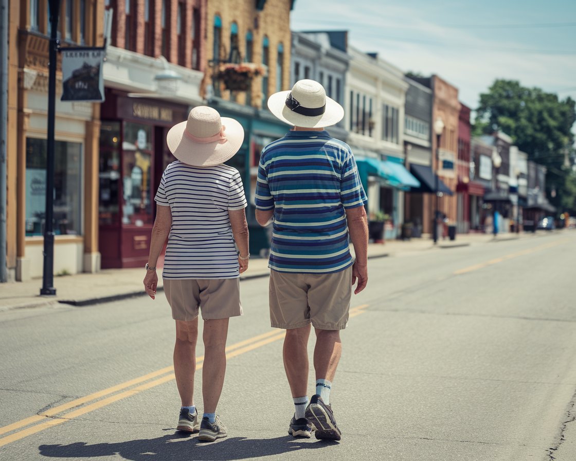 Older lady and man in sun hat, shorts, walking shoes in Tilbury town on a sunny day