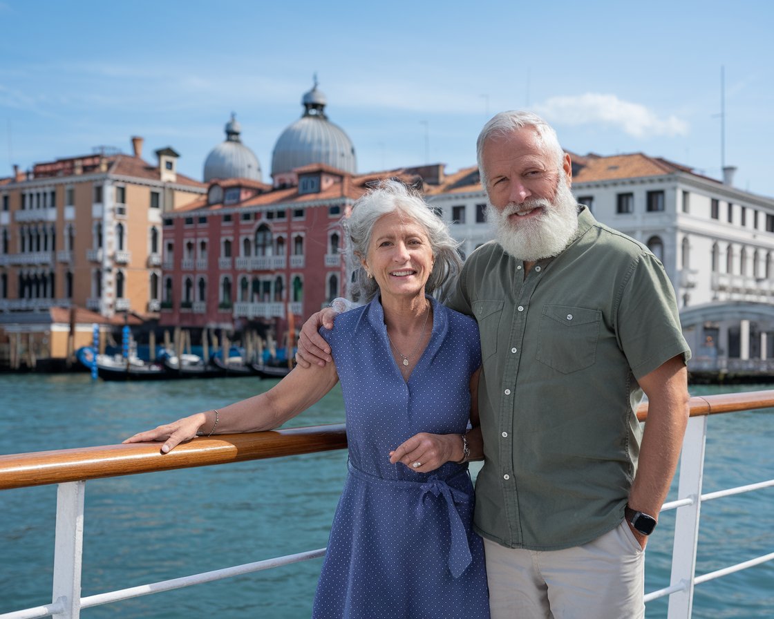 Older lady and man, shorts on a cruise ship with Venice in the background