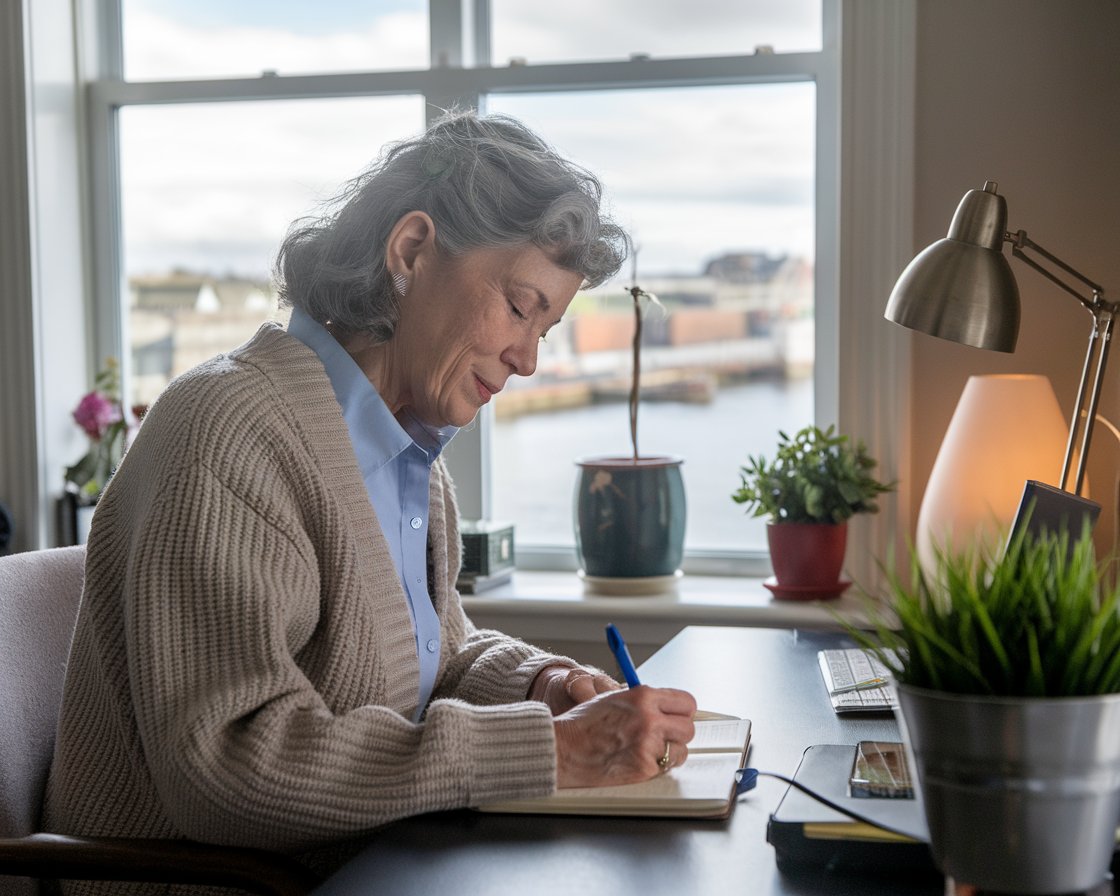 Older lady casually dressed writing at a desk on a cruise ship at Belfast Harbour Port