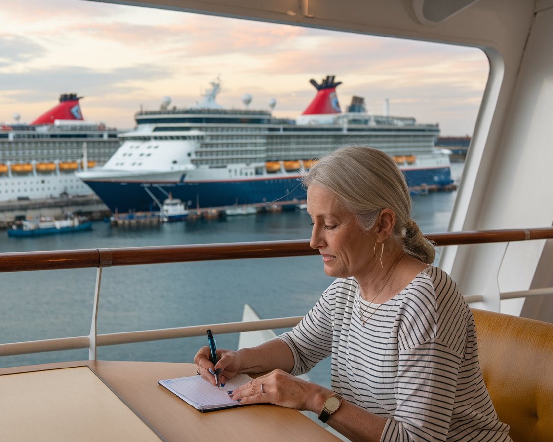 Older lady casually dressed writing at a desk on a cruise ship at Greenock Ocean Terminal Port