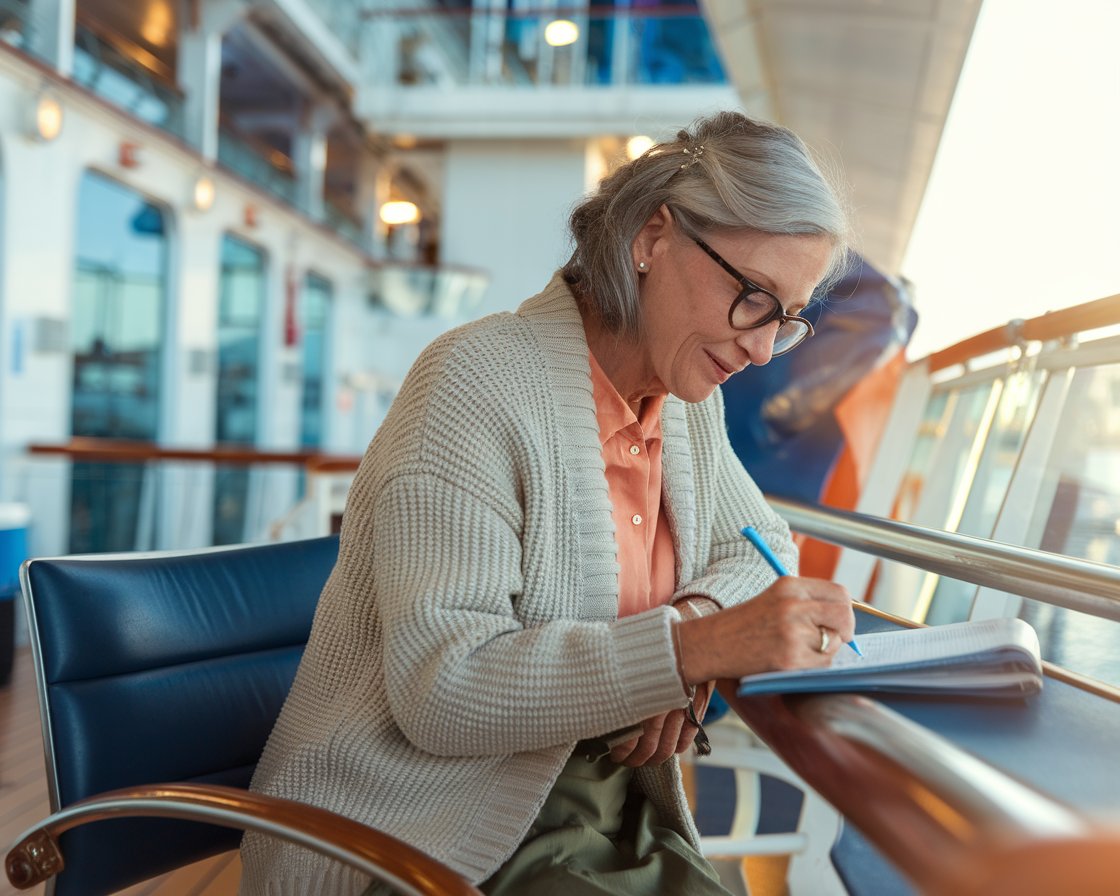 Older lady casually dressed writing at a desk on a cruise ship at Harwich International Port