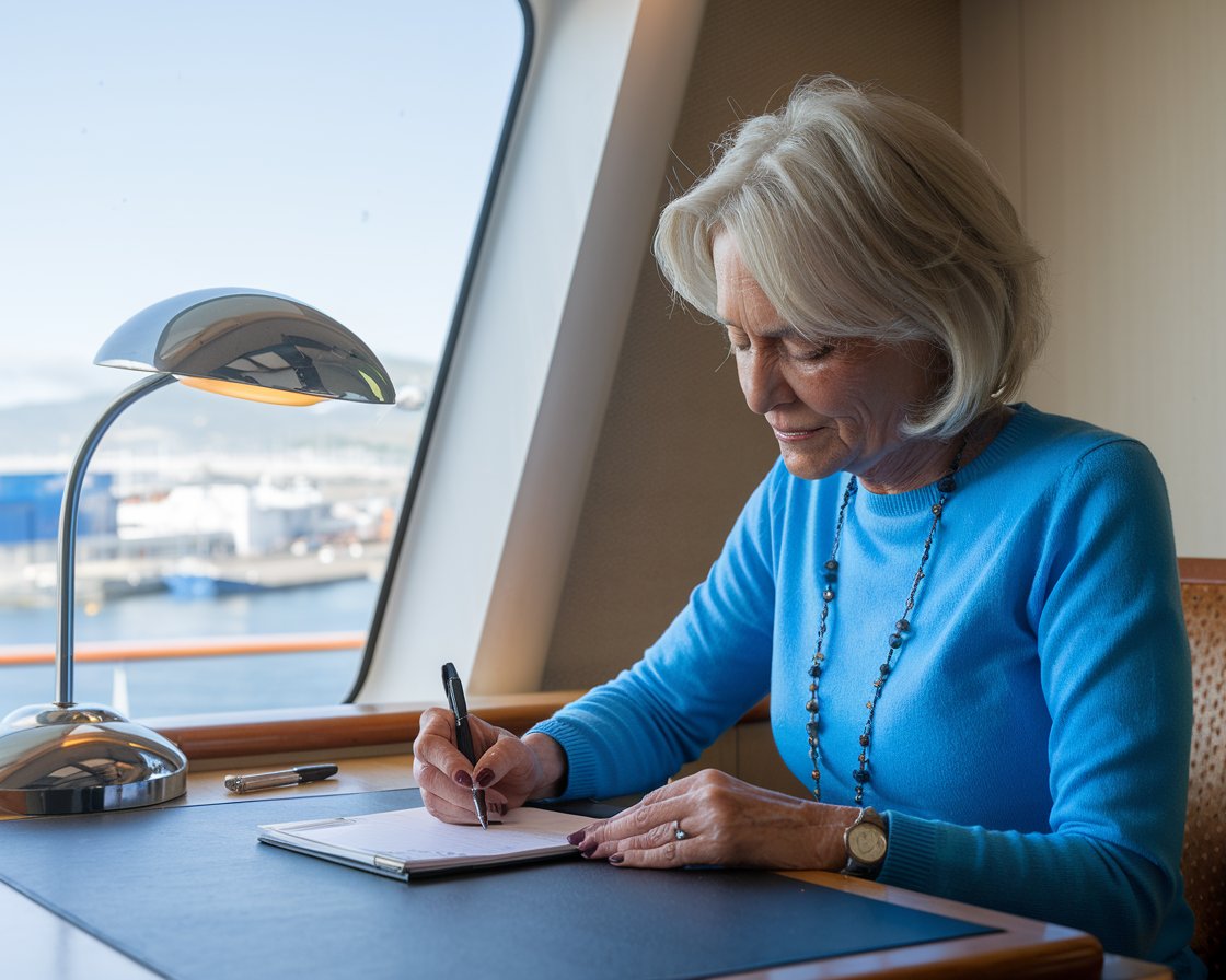 Older lady casually dressed writing at a desk on a cruise ship at Port of Gibraltar