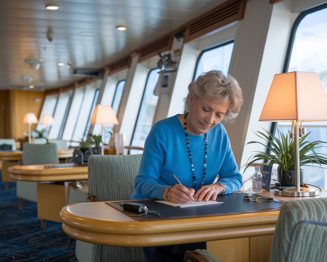 Older lady casually dressed writing at a desk on a cruise ship at Port of Leith