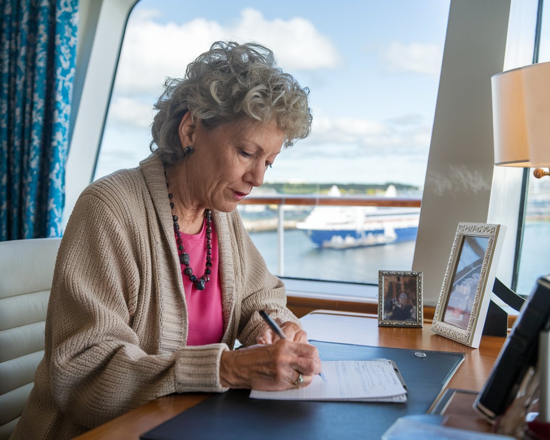 Older lady casually dressed writing at a desk on a cruise ship at Southampton