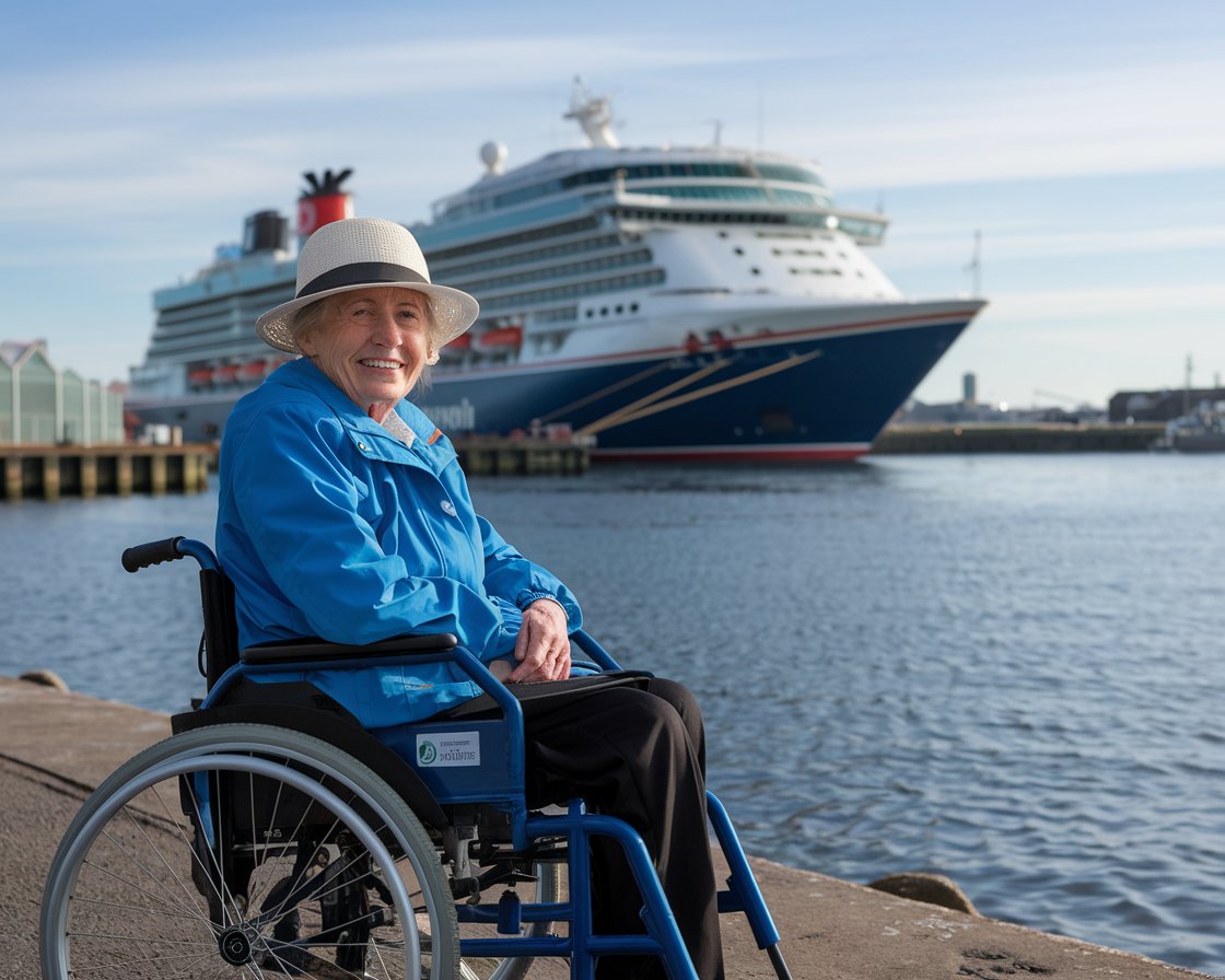 Older lady in a wheelchair with a cruise ship in the background on a sunny day at Port of Dover