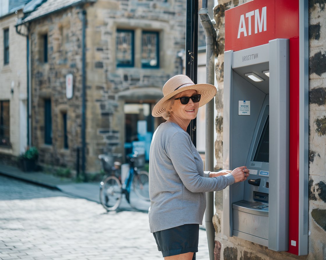 Older lady in sun hat and shorts at an ATM machine in Bristol town on a sunny day