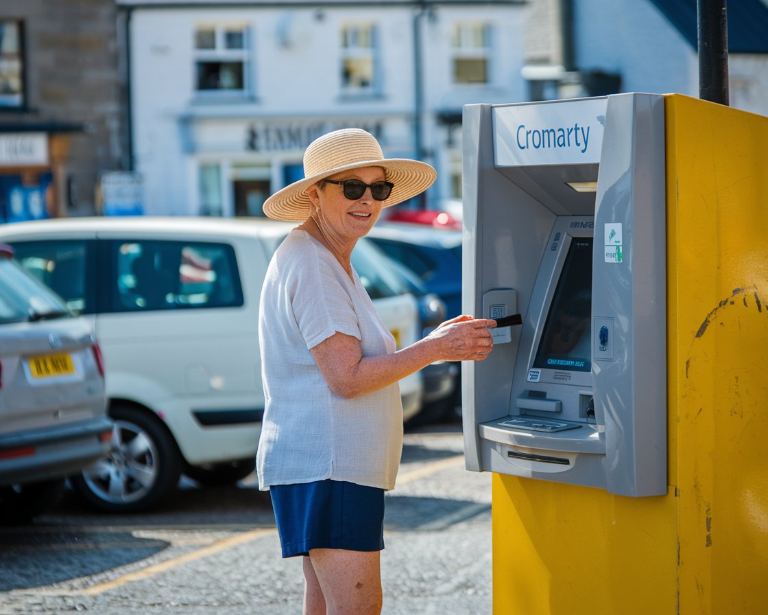 Older lady in sun hat and shorts at an ATM machine in Cromarty Firth town on a sunny day