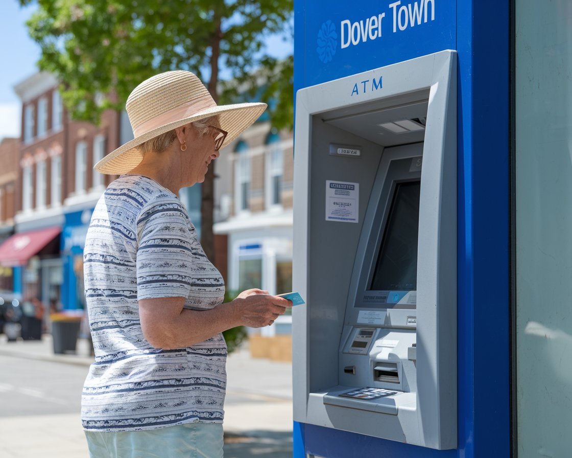 Older lady in sun hat and shorts at an ATM machine in Dover town on a sunny day