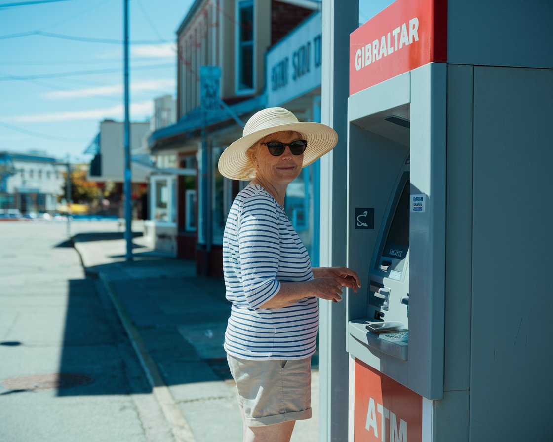 Older lady in sun hat and shorts at an ATM machine in Gibraltar town on a sunny day