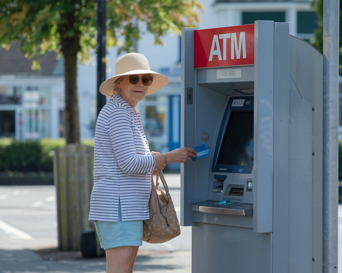 Older lady in sun hat and shorts at an ATM machine in Greenock town on a sunny day