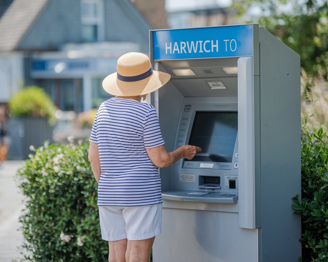 Older lady in sun hat and shorts at an ATM machine in Harwich town on a sunny day