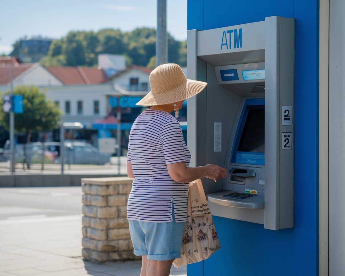 Older lady in sun hat and shorts at an ATM machine in Holyhead town on a sunny day