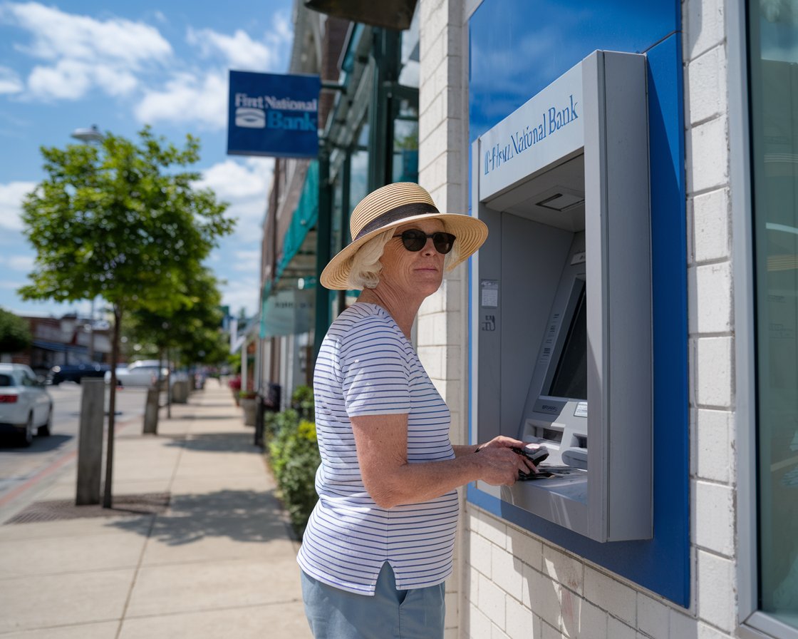 Older lady in sun hat and shorts at an ATM machine in Hull town on a sunny day