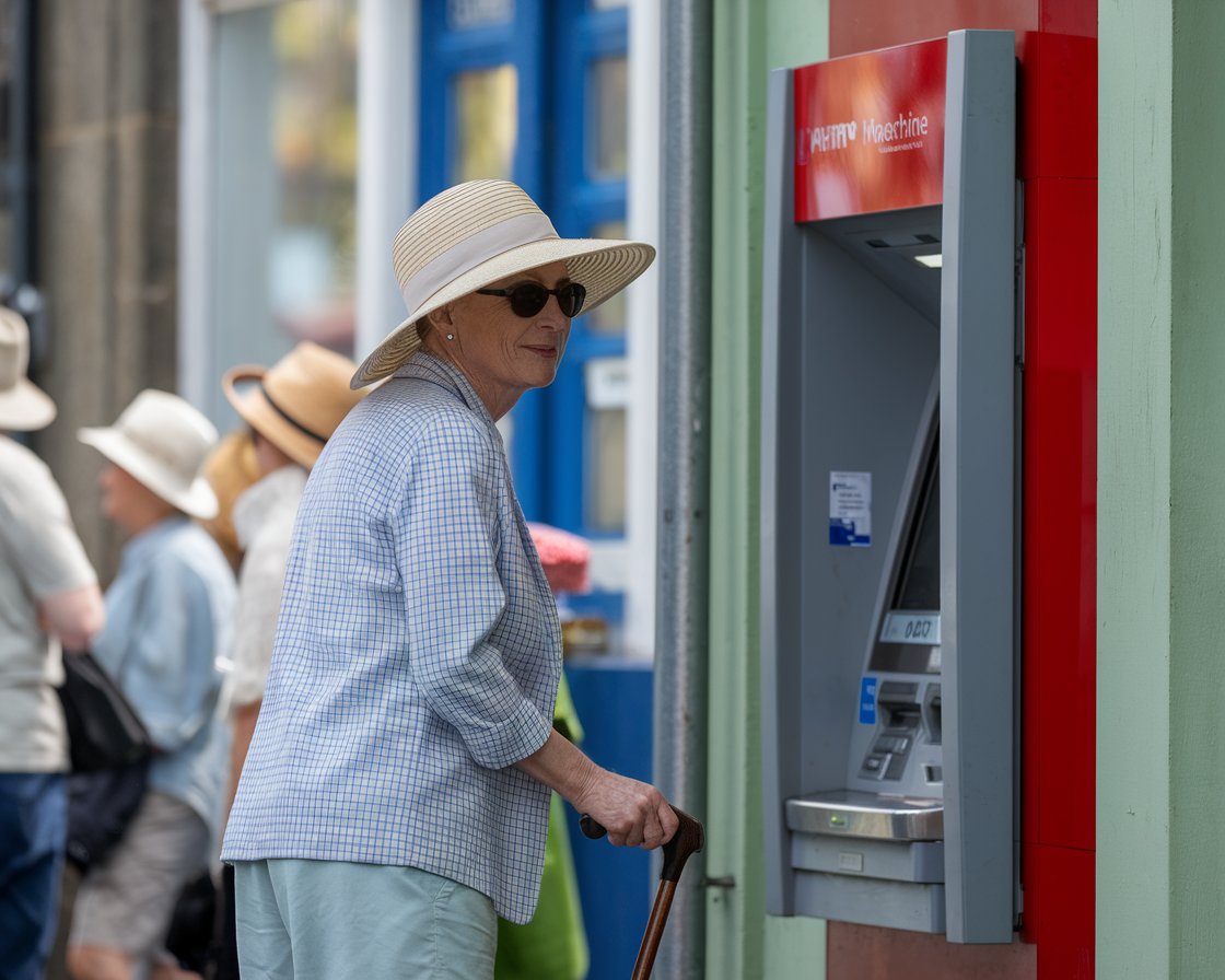 Older lady in sun hat and shorts at an ATM machine in Leith town on a sunny day