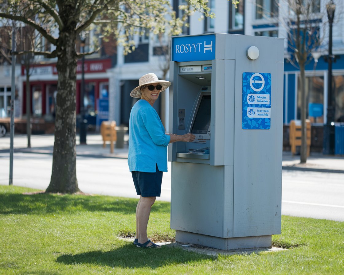 Older lady in sun hat and shorts at an ATM machine in Rosyth town on a sunny day