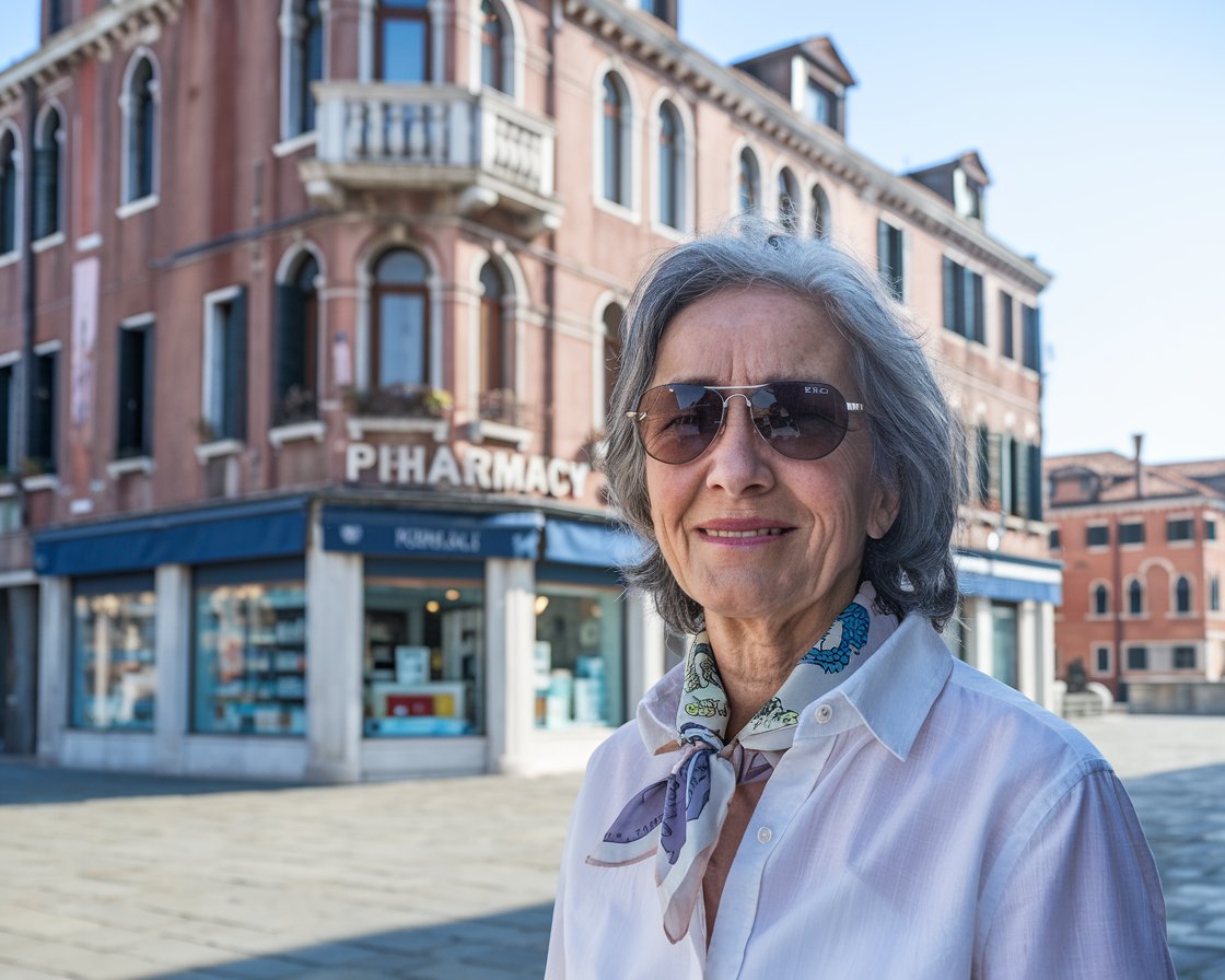 Older lady standing in front of Pharmacy in venice