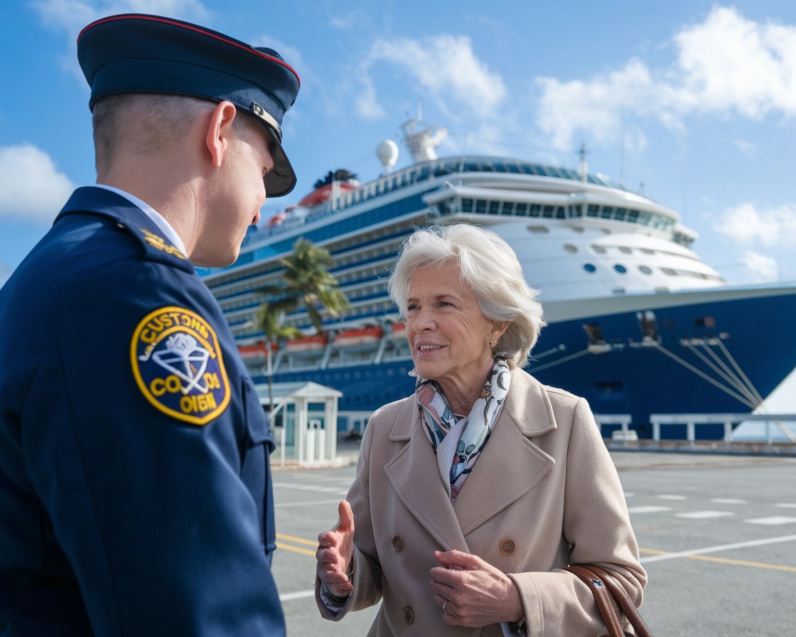 Older lady talking to a customs officer with a cruise ship in the background on a sunny day