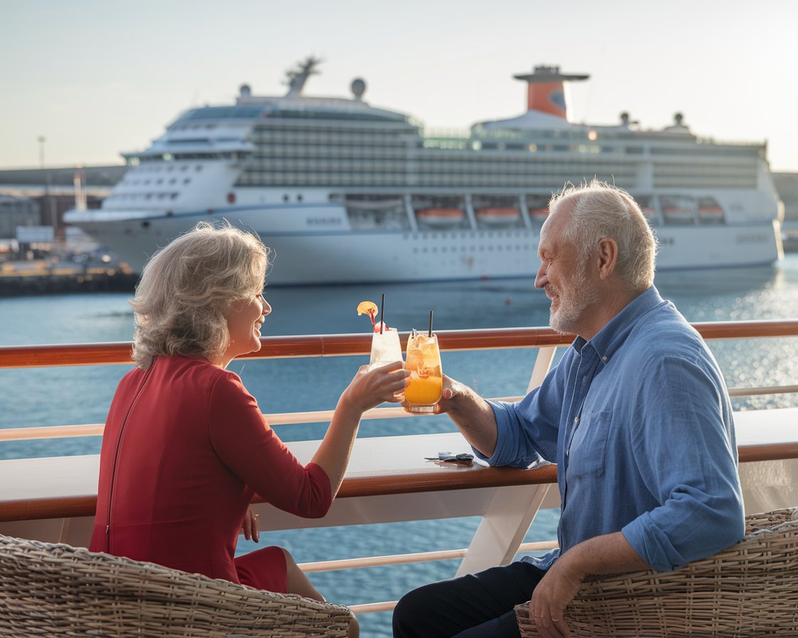 Older man and lady at the deck bar on a cruise ship on a sunny day at Belfast Harbour Port