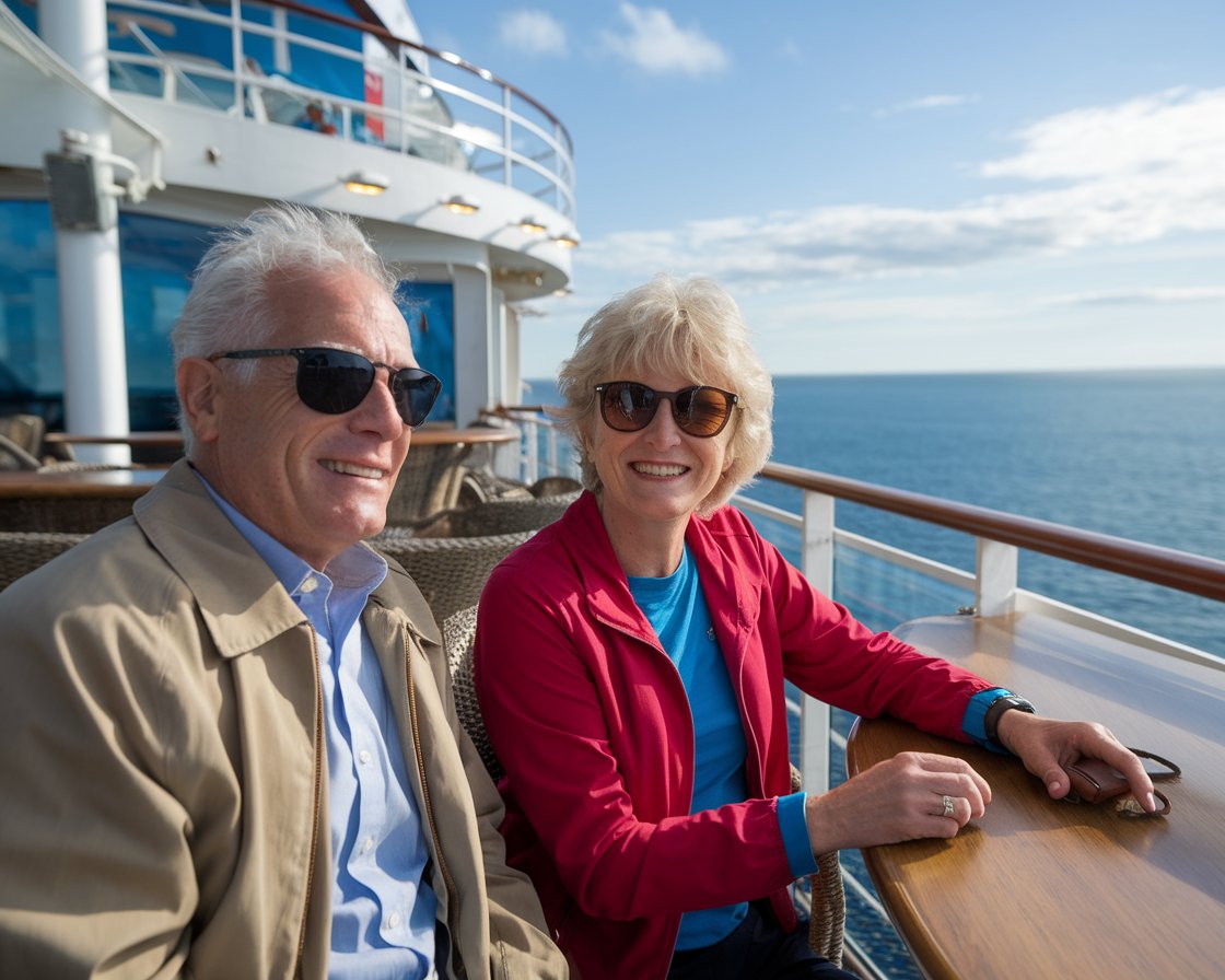 Older man and lady at the deck bar on a cruise ship on a sunny day at Greenock Ocean Terminal Port