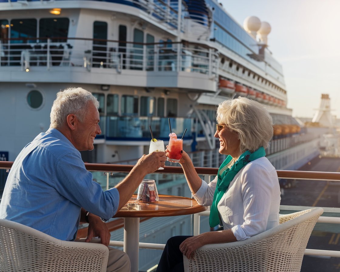 Older man and lady at the deck bar on a cruise ship on a sunny day at Harwich International Port