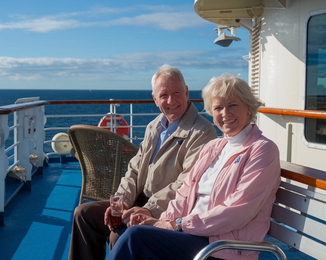 Older man and lady at the deck bar on a cruise ship on a sunny day at Holyhead Port