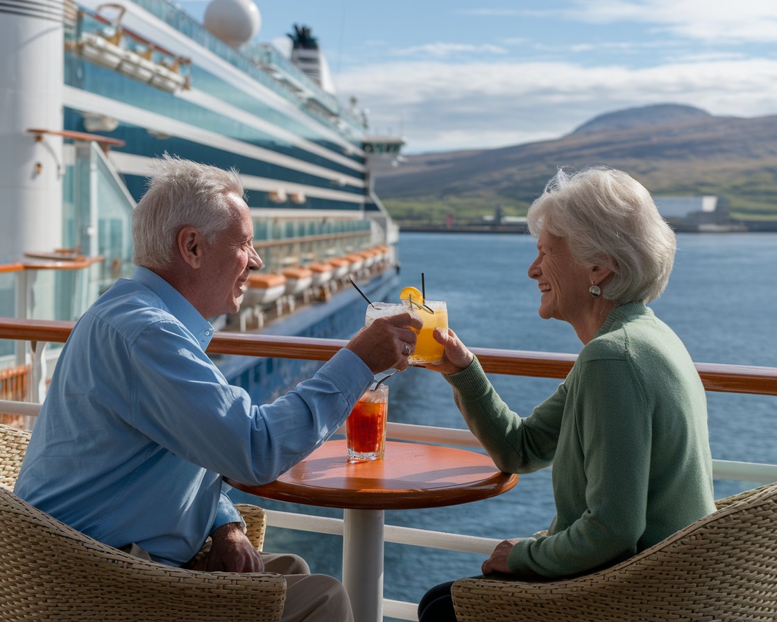 Older man and lady at the deck bar on a cruise ship on a sunny day at Port of Cromarty Firth (Invergordon)