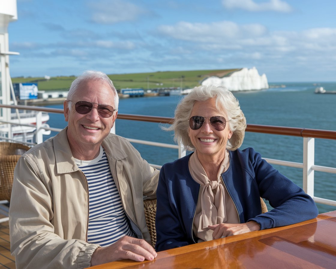 Older man and lady at the deck bar on a cruise ship on a sunny day at Port of Dover