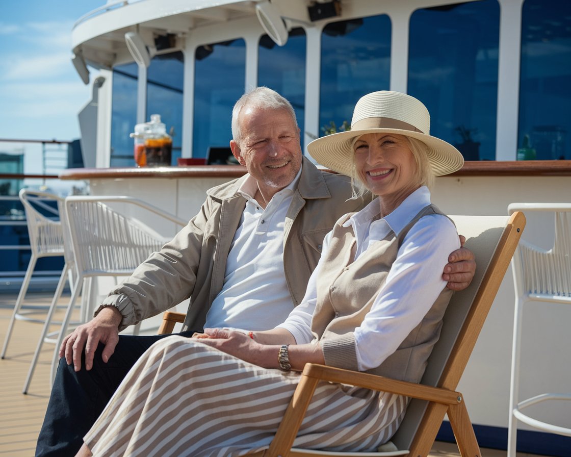 Older man and lady at the deck bar on a cruise ship on a sunny day at Port of Gibraltar