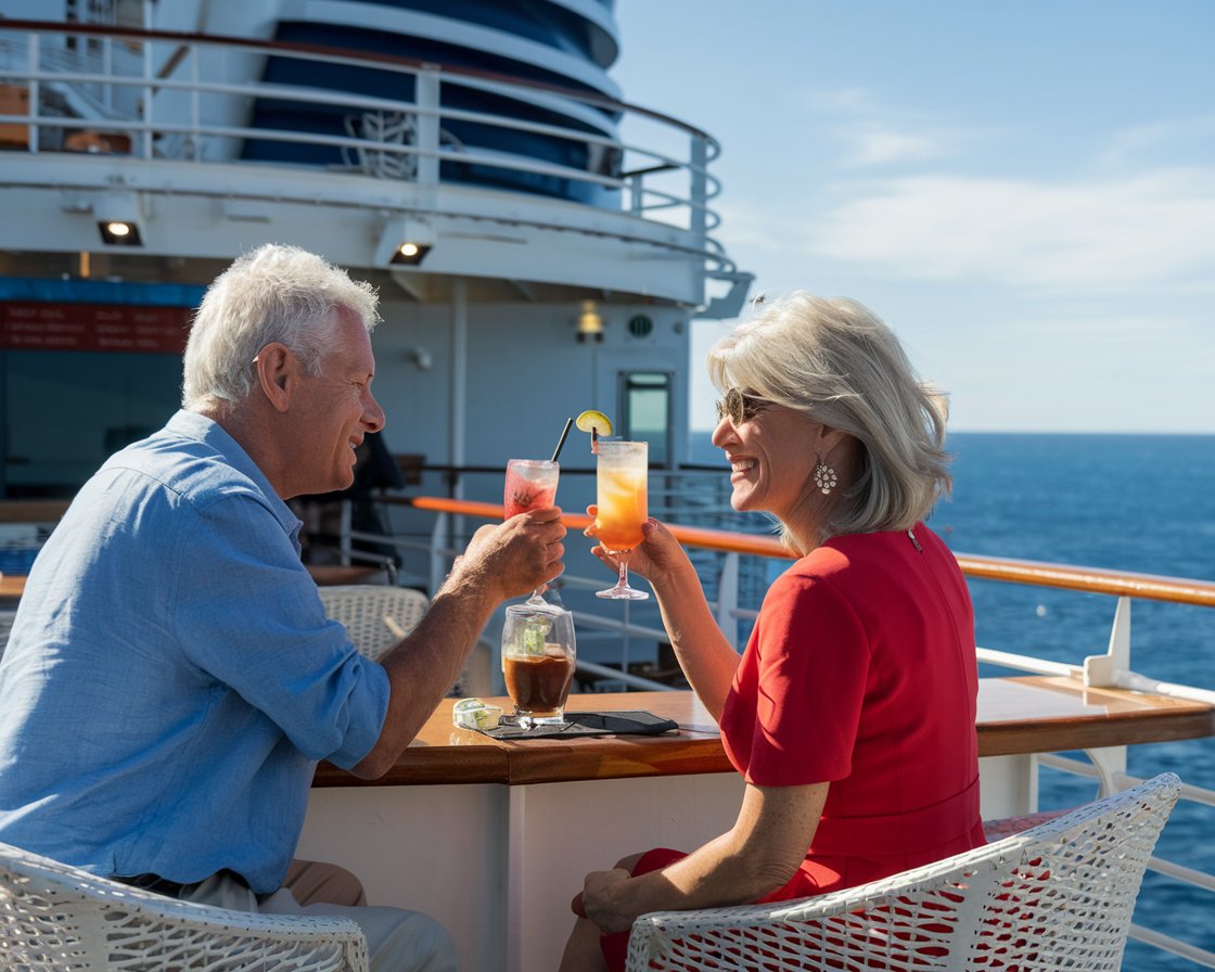 Older man and lady at the deck bar on a cruise ship on a sunny day at Port of Hull