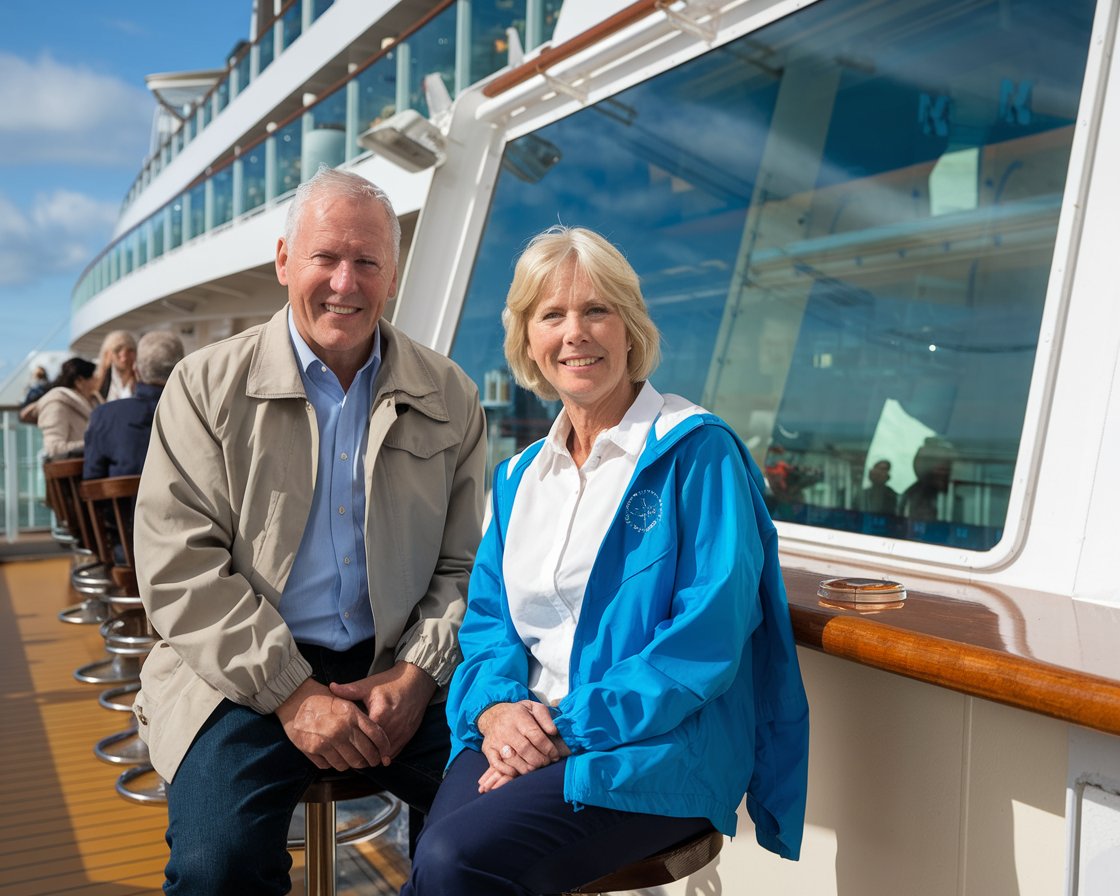 Older man and lady at the deck bar on a cruise ship on a sunny day at Port of Leith