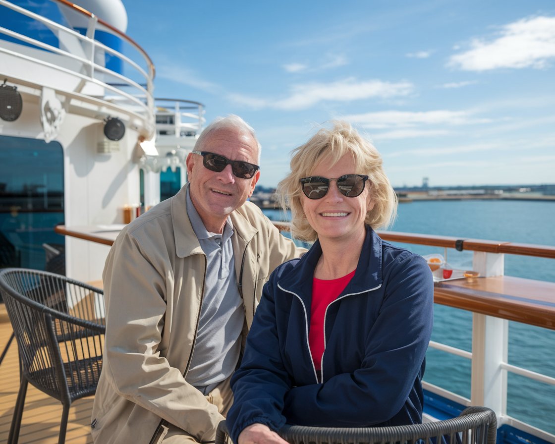 Older man and lady at the deck bar on a cruise ship on a sunny day at Port of Southampton