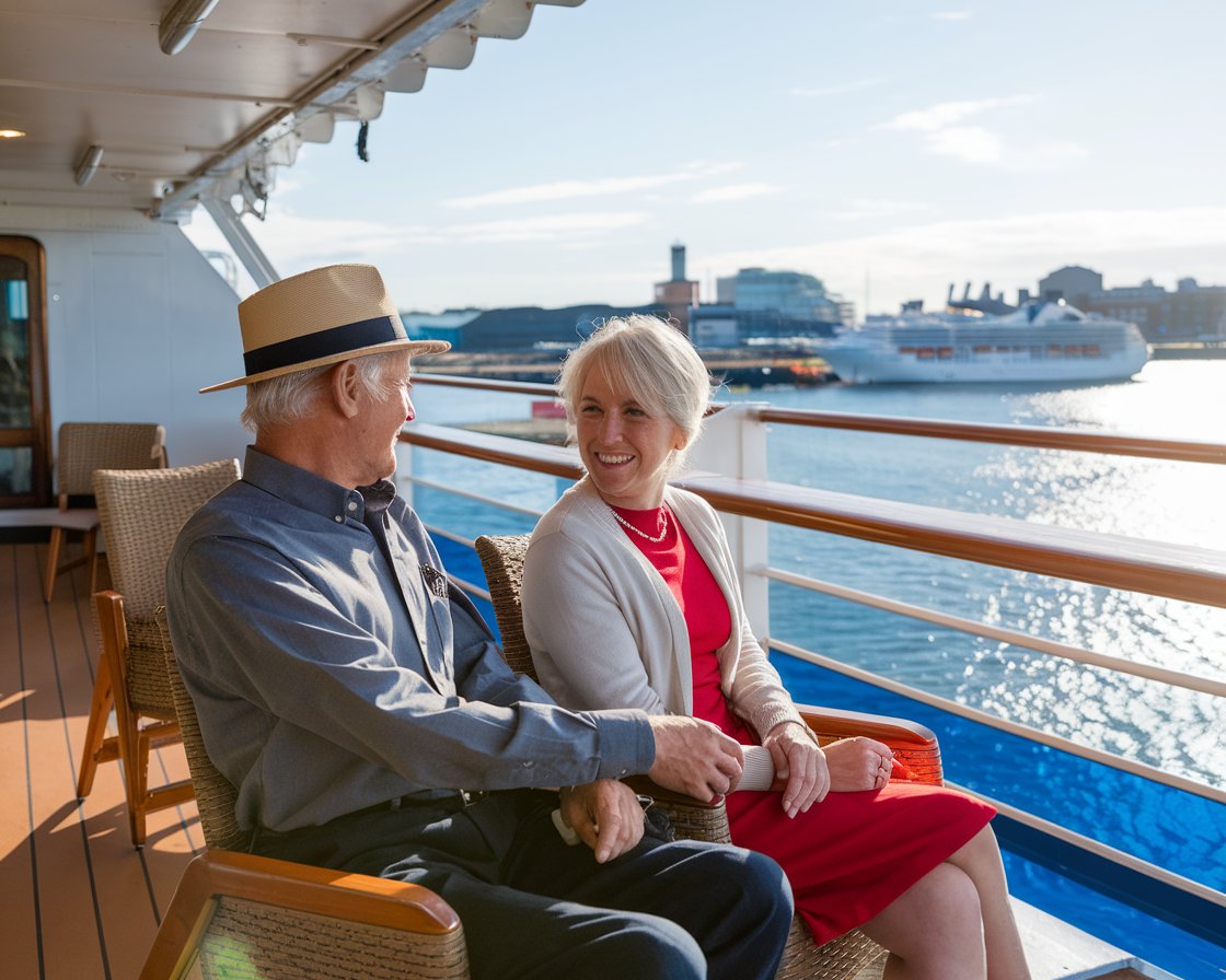 Older man and lady at the deck bar on a cruise ship on a sunny day at Port of Tilbury (London)