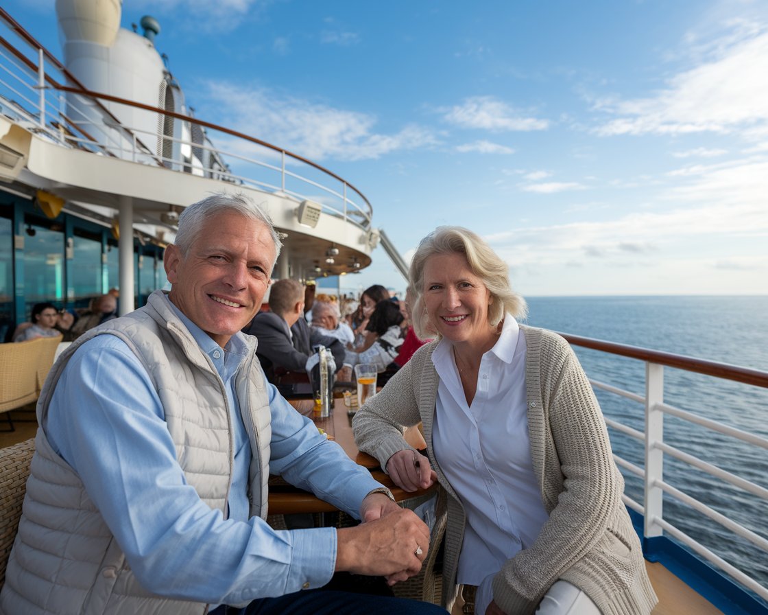 Older man and lady at the deck bar on a cruise ship on a sunny day at Rosyth Port