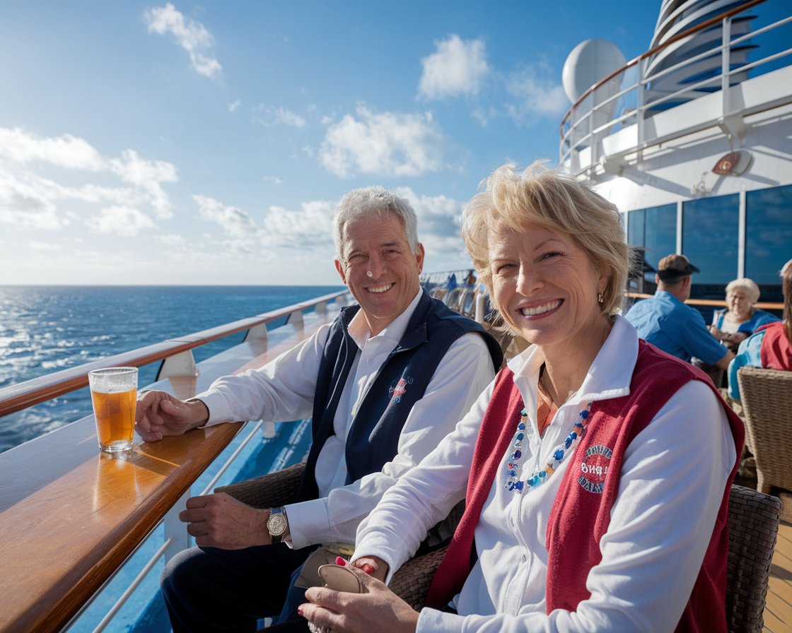 Older man and lady at the deck bar on a cruise ship on a sunny day