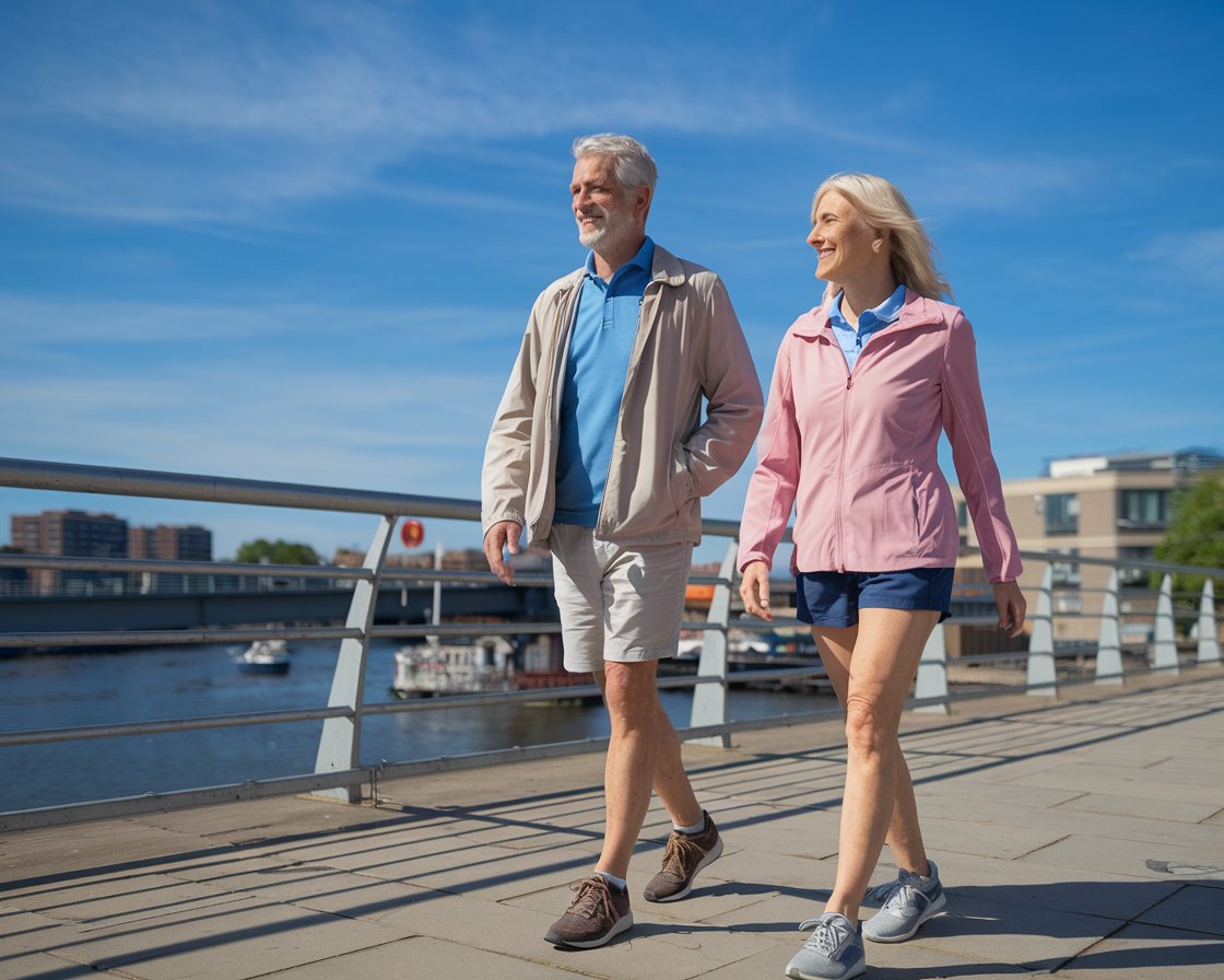 Older man and lady in walking shoes and shorts in Bristol on a sunny day