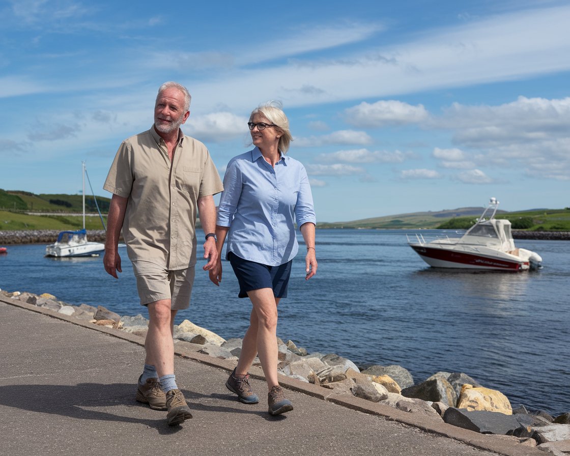 Older man and lady in walking shoes and shorts in Cromarty Firth on a sunny day