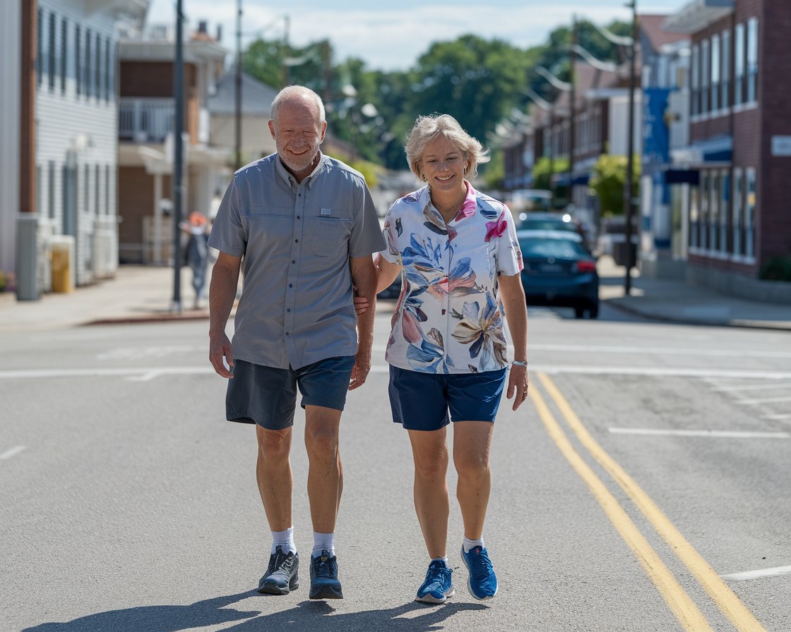 Older man and lady in walking shoes and shorts in Dover on a sunny day