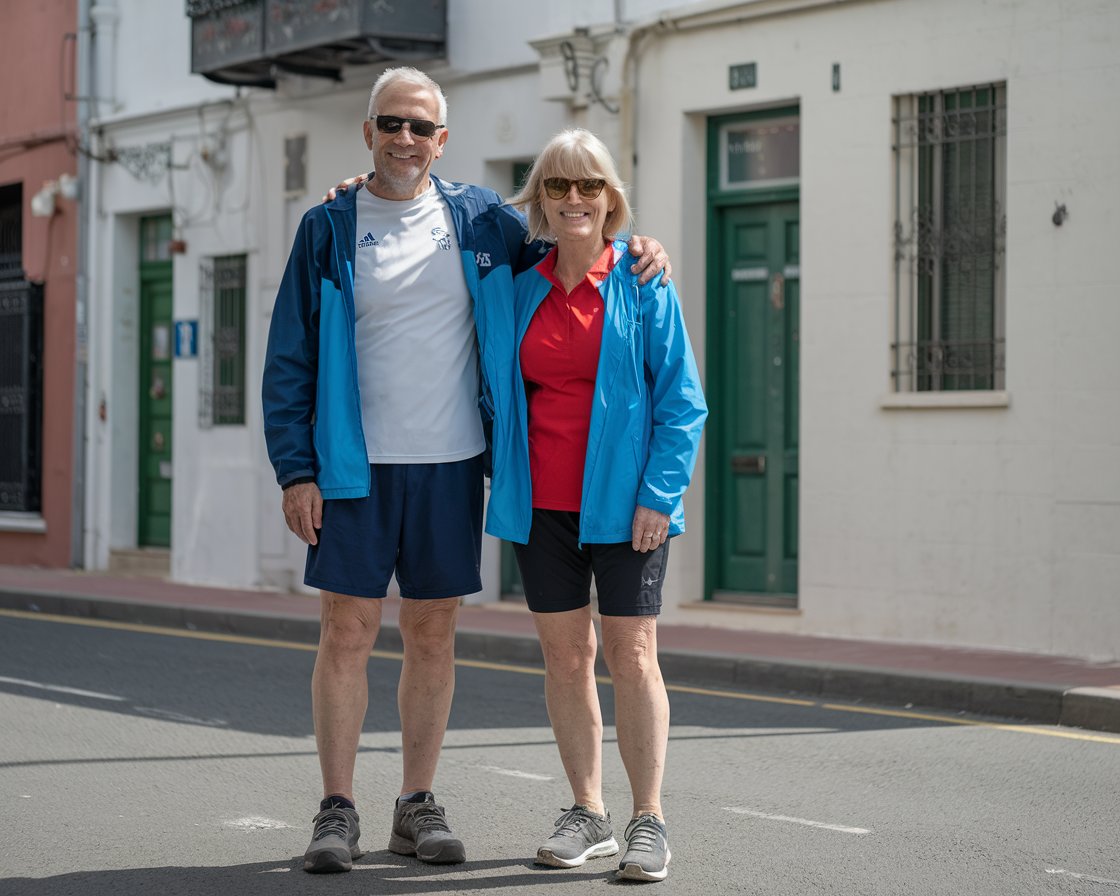 Older man and lady in walking shoes and shorts in Gibraltar on a sunny day