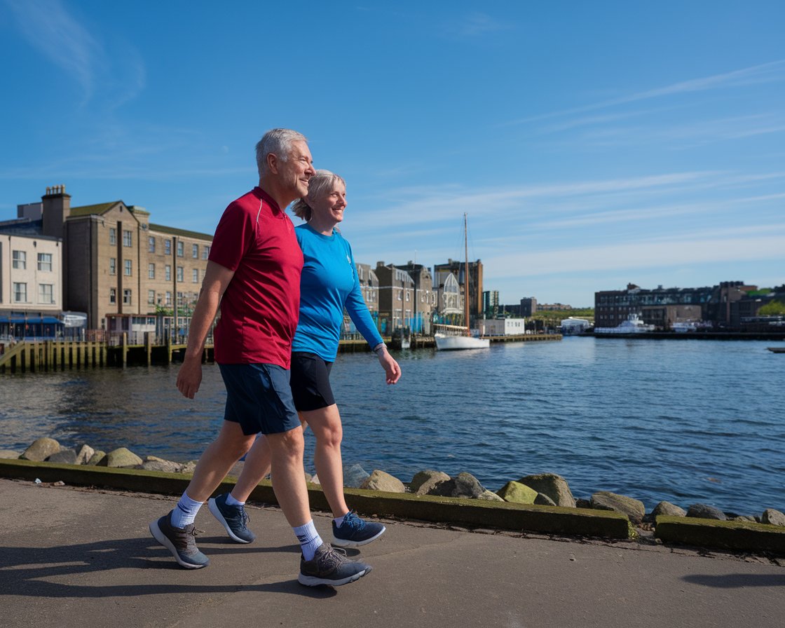 Older man and lady in walking shoes and shorts in Leith on a sunny day