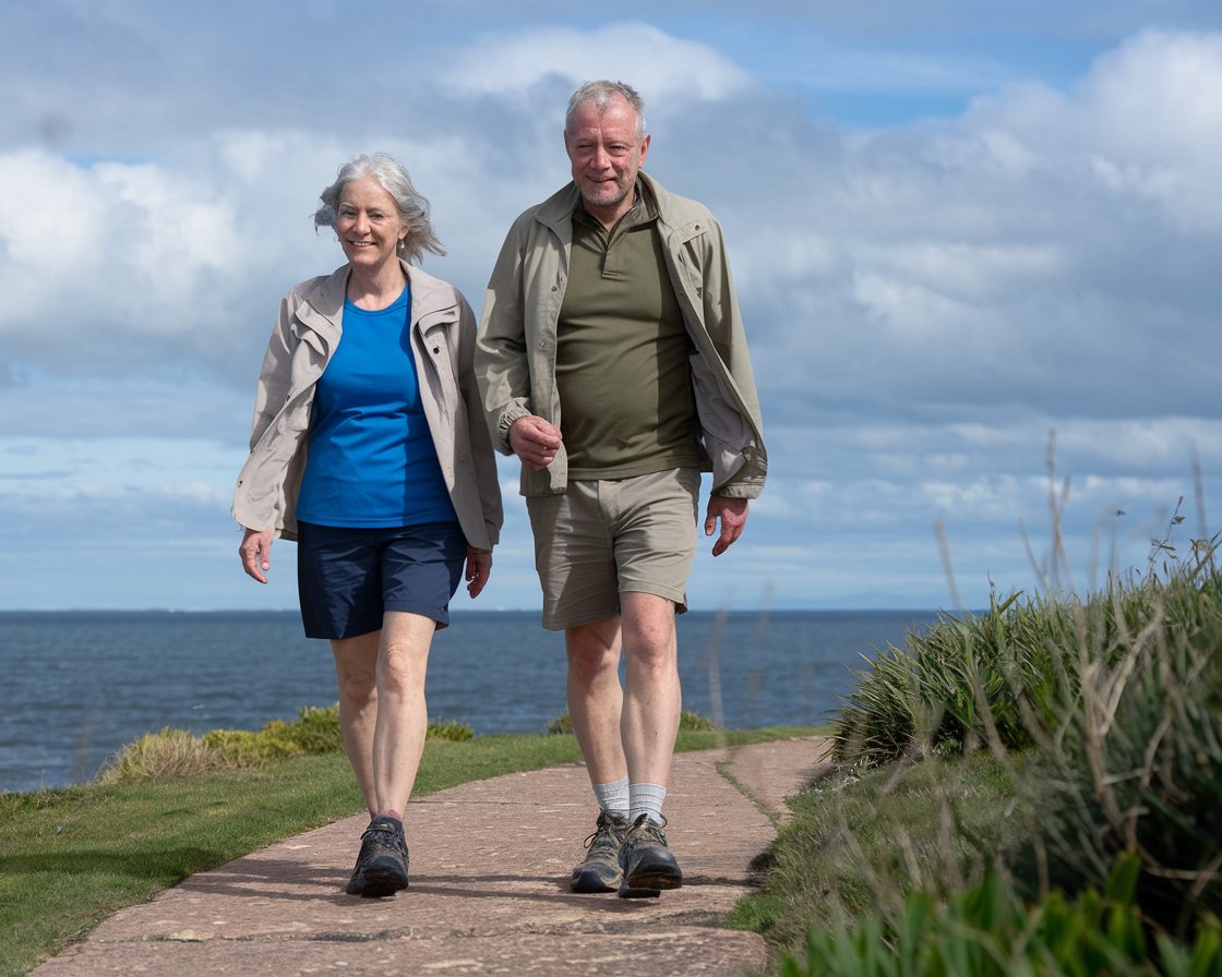 Older man and lady in walking shoes and shorts in Rosyth on a sunny day