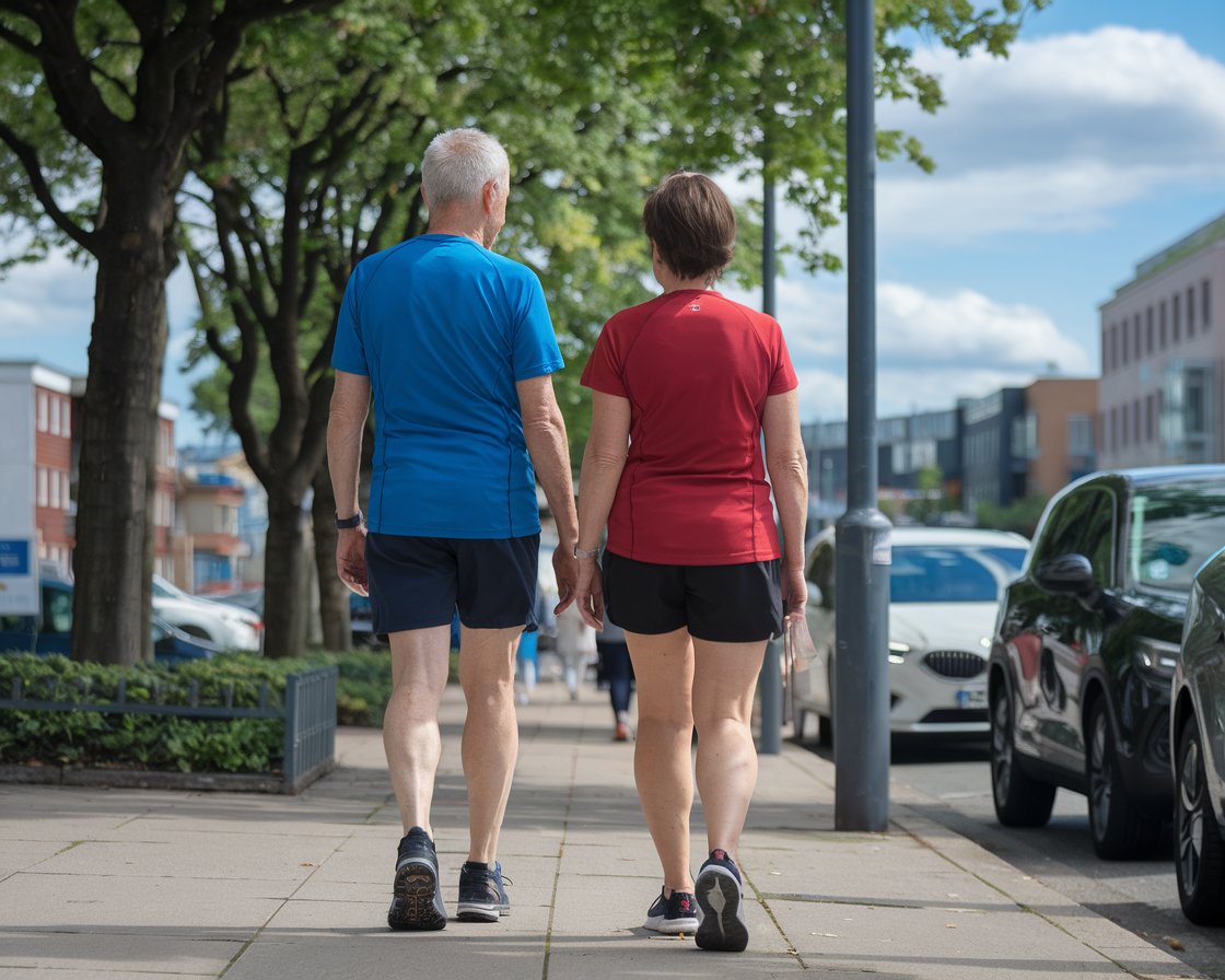 Older man and lady in walking shoes and shorts in Southampton on a sunny day